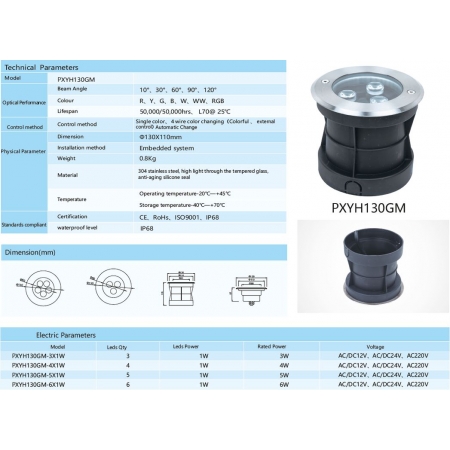 Oprawa LED  PXYH130GM 3 / 5 / 6 Watt dowolny kolor+ RGB IP68 stal nierdz.